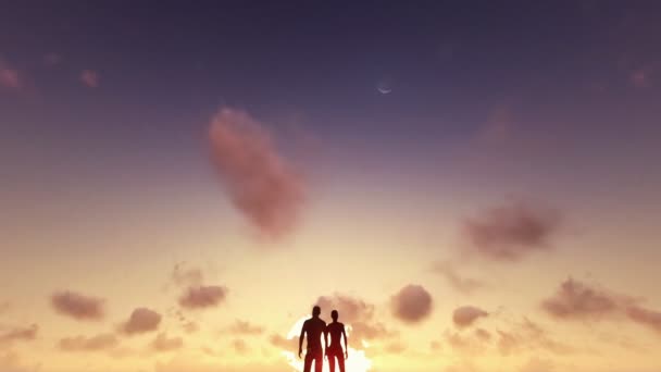 日没、タイムラプス雲、夜に日を見てカップル — ストック動画