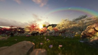 Bahar sahne atlar ve gün batımında hava balonları