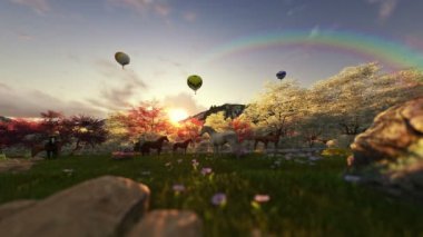 Bahar sahne atlar ve hava balonları gündoğumu