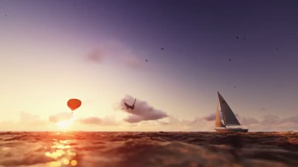 Sunrise yaz saati, hava balonu ve yat yelken, deniz üzerinde uçuş — Stok video