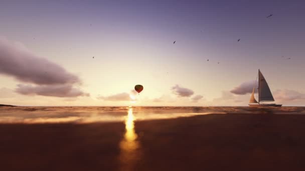 Gün batımı yaz sahne, kızlar plaj, hava balonu ve yelken, kaydırma yat üzerinde — Stok video