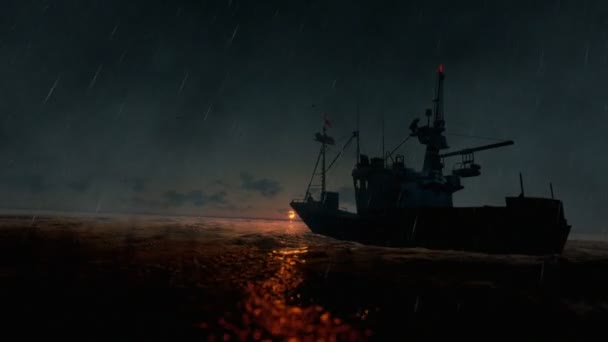 Fiskebåt i stormiga hav, regnar vid solnedgången — Stockvideo