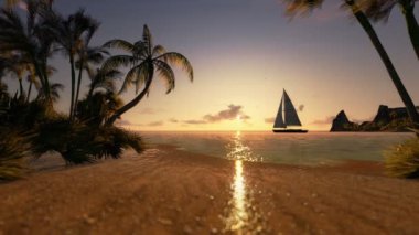 Tropik ada ve yelken yat, timelapse günbatımı, zemin seviyesi