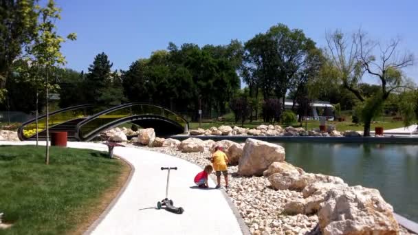 Маленькі хлопчики грають зі скелями біля озера — стокове відео