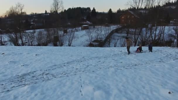 Vader trekken slee met kinderen plezier in de winter, luchtfoto weergave — Stockvideo