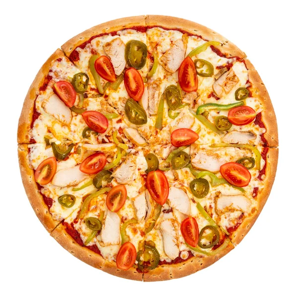 Pizza Pollo Formaggio Isolata Fondo Bianco Pizza Vista Dall Alto — Foto Stock