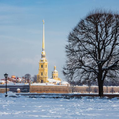 Zayachy Adası 'ndaki Peter ve Paul Kalesi. St. Petersburg manzarası. Rusya 'nın Neva şehrinde kış mevsimi