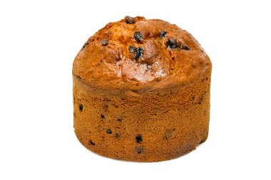 Kuru üzümlü kek. Tatlı hamur işleri. Beyaz arka planda izole bir nesne. Sağlıklı pişmiş ekmek. Beyaz üzerine bir parça ekmek.