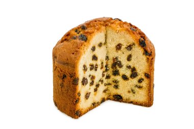 Kuru üzümlü kek. Tatlı hamur işleri. Beyaz arka planda izole bir nesne. Sağlıklı pişmiş ekmek. Beyaz üzerine bir parça ekmek.