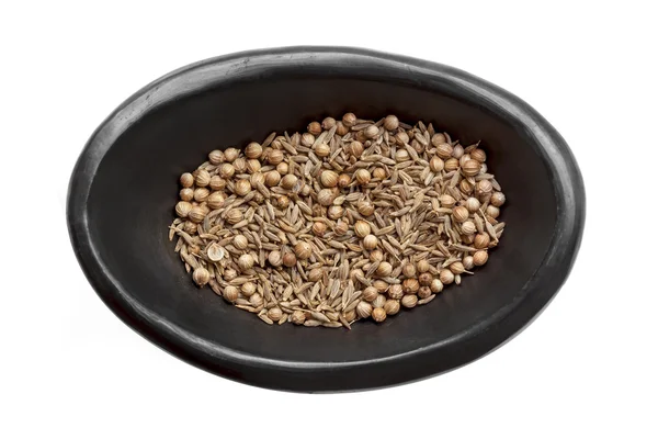 Cumin and Coriander Seeds in Black Bowl Isolated — Stock Photo, Image