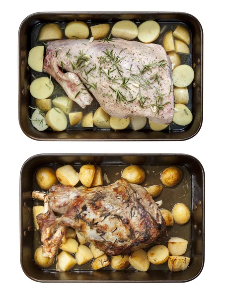 Leg of Lamb with Potatoes and Rosemary Raw and Roasted Top View — Stock Photo, Image