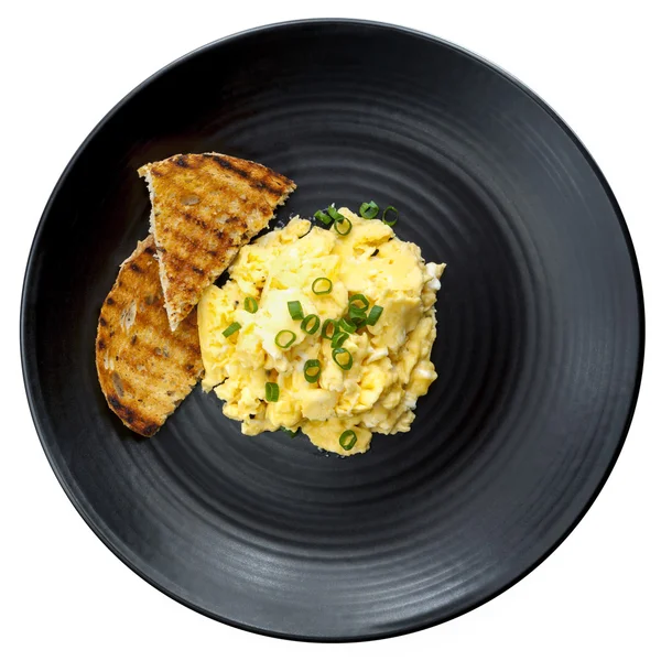 Scrambled Eggs with Toast on Black Plate Isolated — Stock Photo, Image