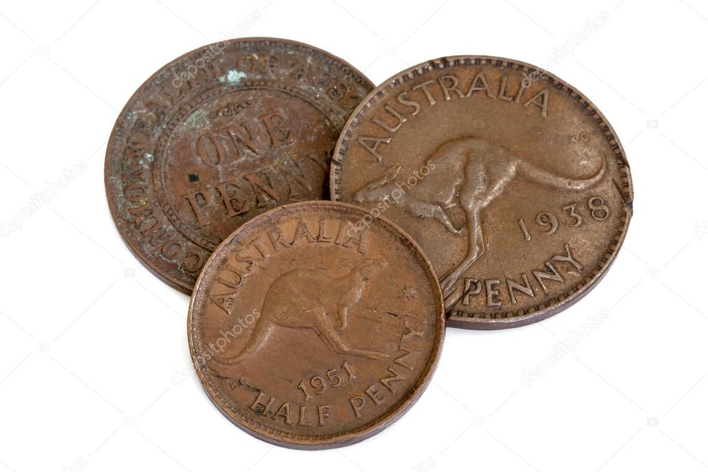 Old Australian Pennies Isolated on White