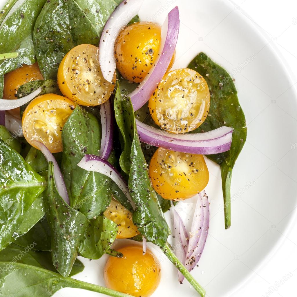 Spinach Salad with Yellow Cherry Tomatoes and Red Onion