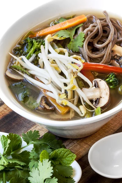 Heiße und saure Gemüsesuppe mit Soba-Nudeln und Sojasprossen — Stockfoto