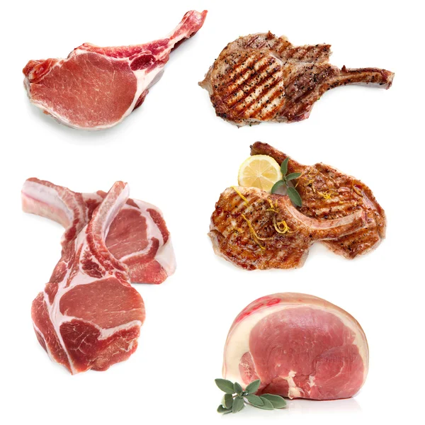Carne di maiale cotta e cruda isolata su bianco — Foto Stock