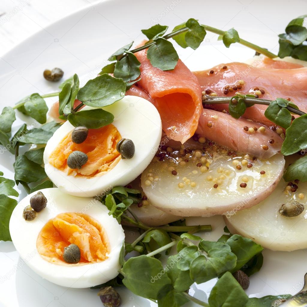 Smoked Salmon Egg and Potato Salad — Stock Photo © robynmac 79787594