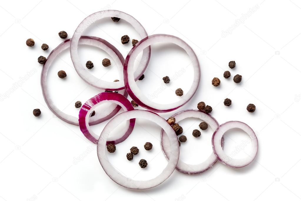 Food Background with Onion Rings and Black Peppercorns