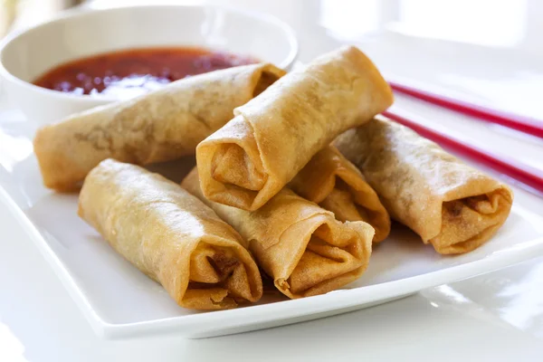 Spring Rolls with Chili Sauce — Stock Photo, Image