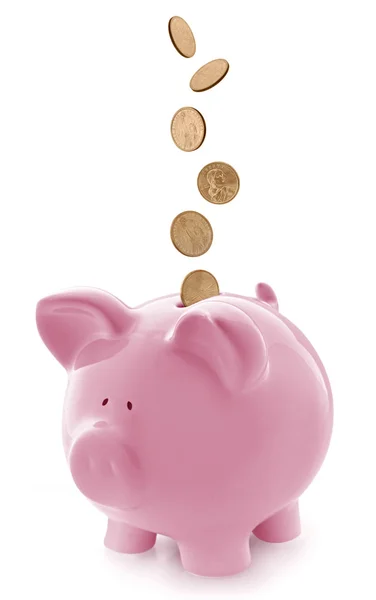 Roze Piggy Bank met dalende goud munten — Stockfoto