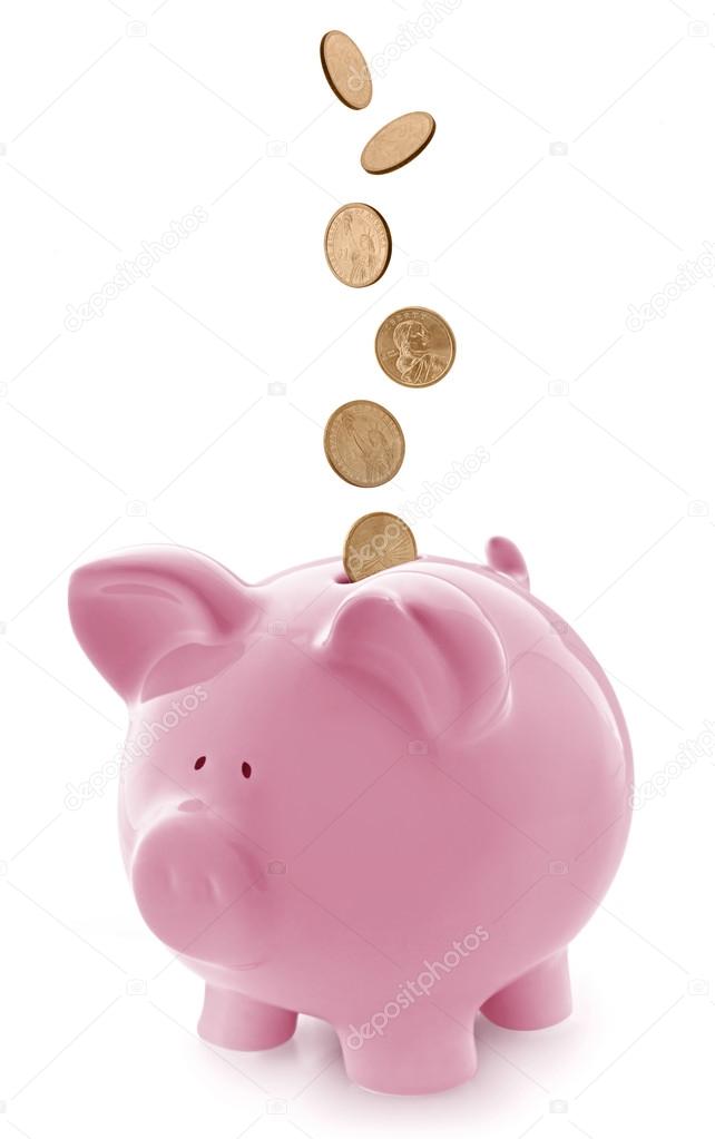 Pink Piggy Bank with Falling Gold Coins