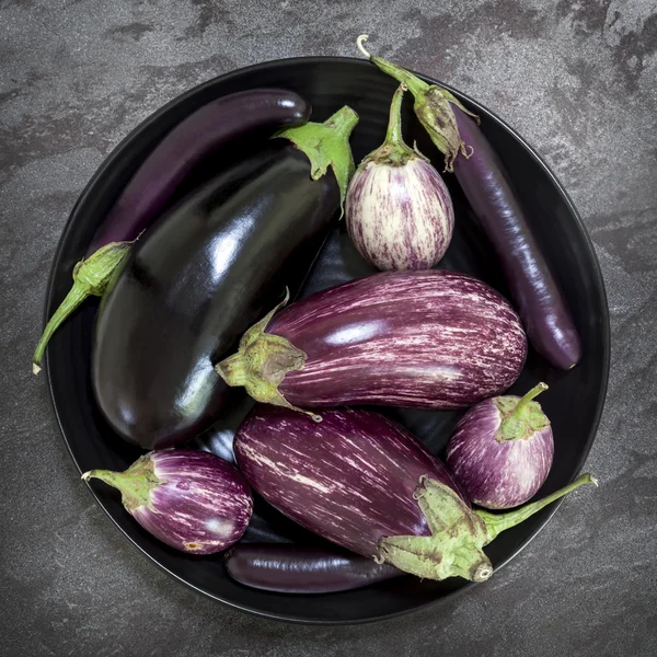 Varietà di melanzane in ciotola nera su ardesia Vista aerea — Foto Stock