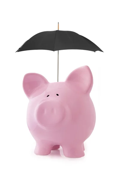 Sparschwein mit schwarzem Regenschirm. — Stockfoto