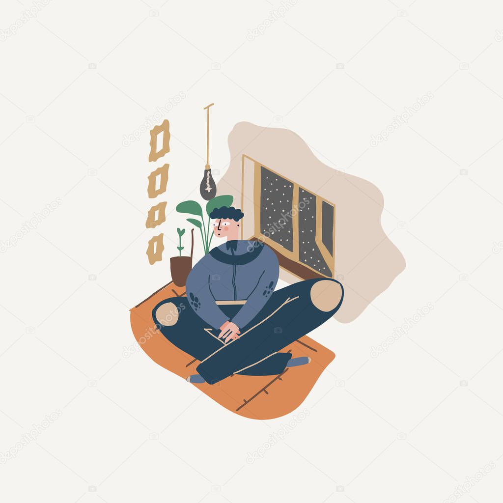 Young man resting and relaxing in home sitting on floor in living room near the window at night, enjoying leisure time alone on quarantine. Flat vector illustration.
