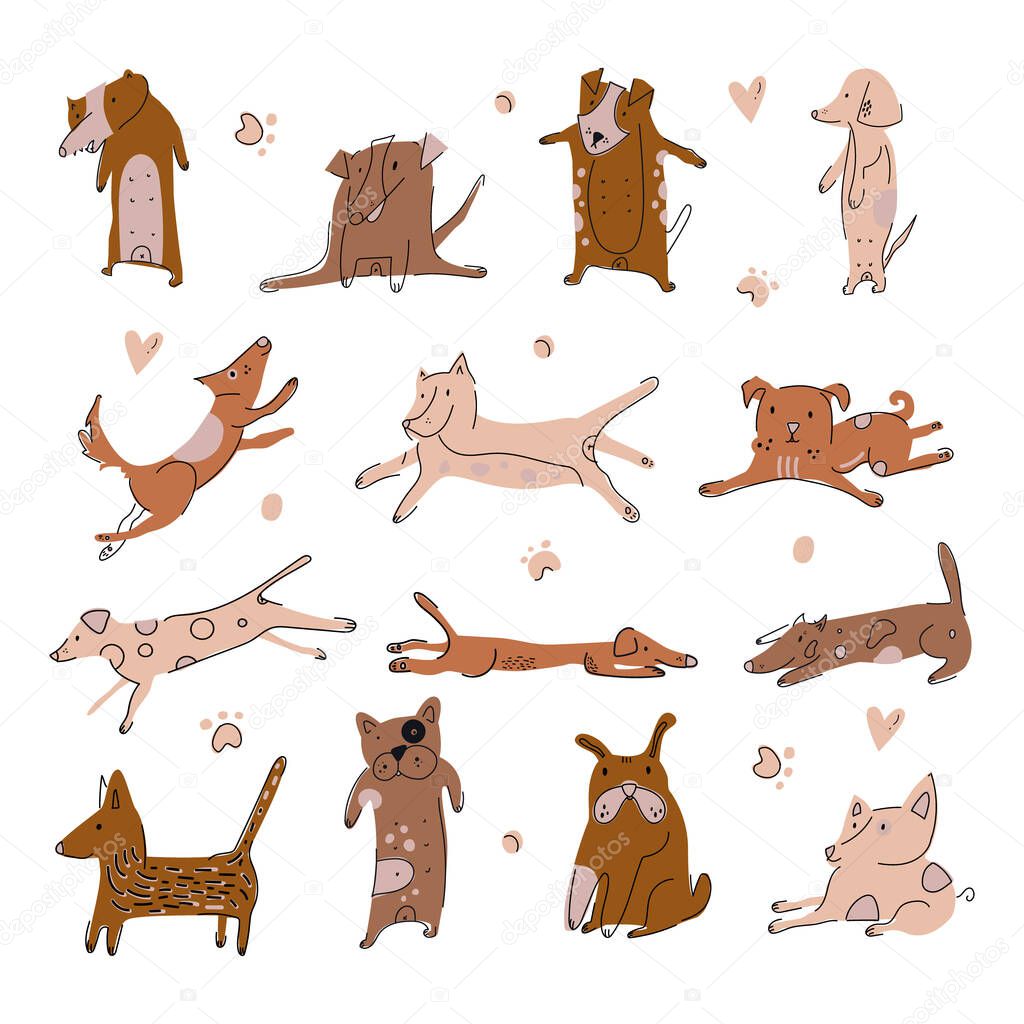 Funny dogs in various poses playing, sleeping, lying, sitting seamless pattern. Flat isometric vector cartoon dogs isolated on white background.