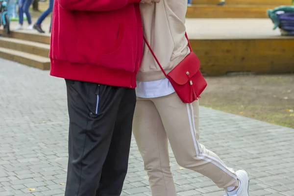 Legs Young Couple Guy Girl Hugging Meeting Park — Stock Photo, Image