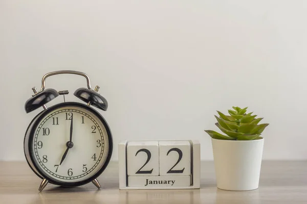 January Wooden Calendar Next Retro Alarm Clock Succulent Mini Pot — Φωτογραφία Αρχείου