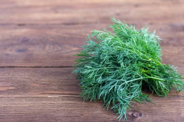 Ahşap arka planda taze organik dereotlar.