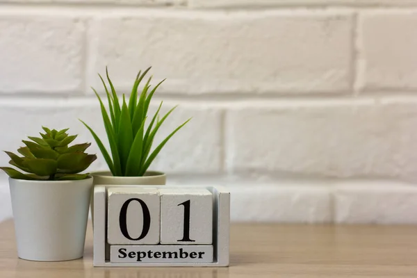 1 September. Kalender kayu pada latar belakang bata putih dengan ruang kosong. Konsep Kembali ke sekolah — Stok Foto