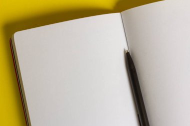 Açık, temiz bir defter ya da defter ve masa üzerine bir kalem. Yakın plan.