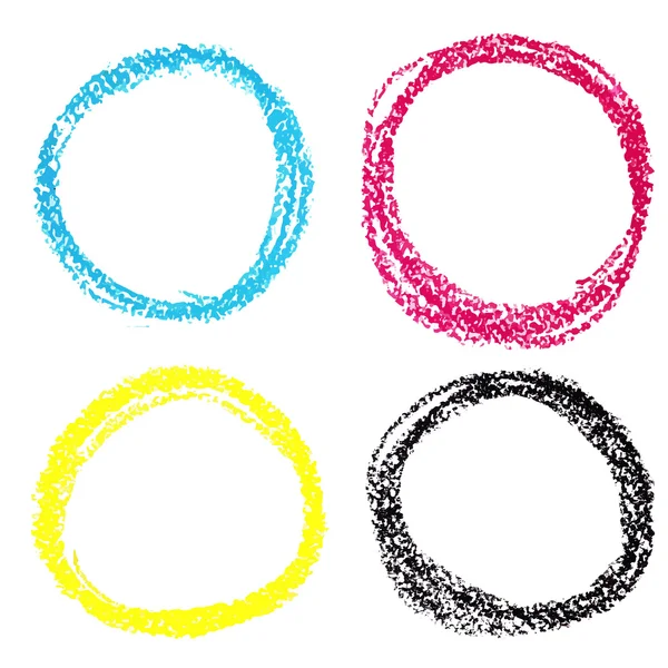 Set of CMYK circle spots of pastel crayon, isolated on white background — Stock Vector