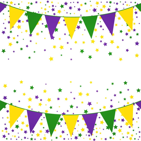 Mardi Gras bunting background with confetti stars. — Stock Vector