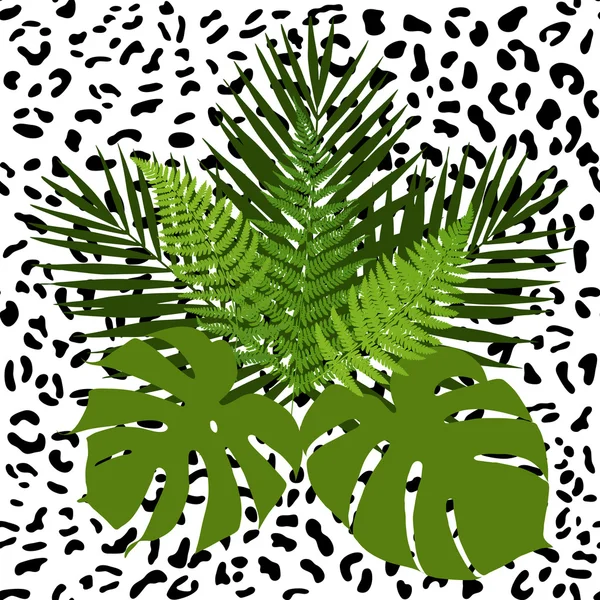 Hojas tropicales y patrón de piel animal sin costuras. Ilustración vectorial . — Vector de stock
