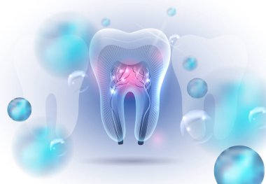 Soyut diş tasarımı. Diş kanalları ve kökler güzel parlak konsept çizimleri.
