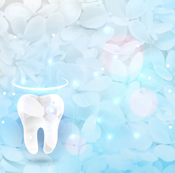 美丽的植物牙齿设计背景 健康的牙齿轮廓和浅蓝色无缝的水仙花背景灯 — 图库矢量图片