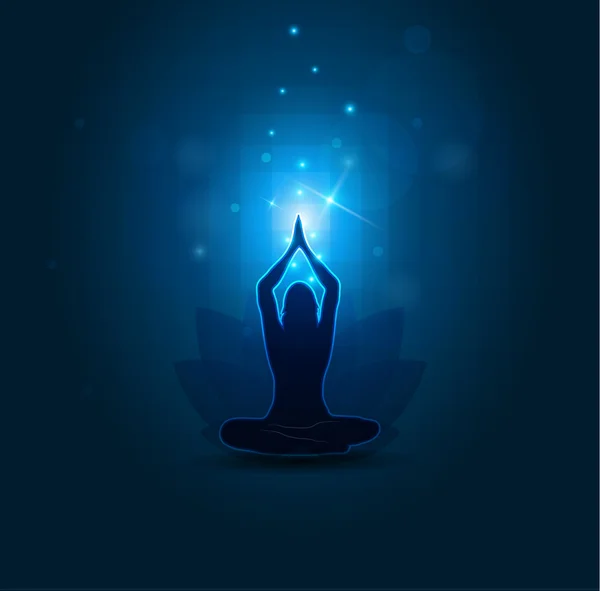 Vrouw yoga en meditatie, prachtige blauwe abstracte achtergrond — Stockvector