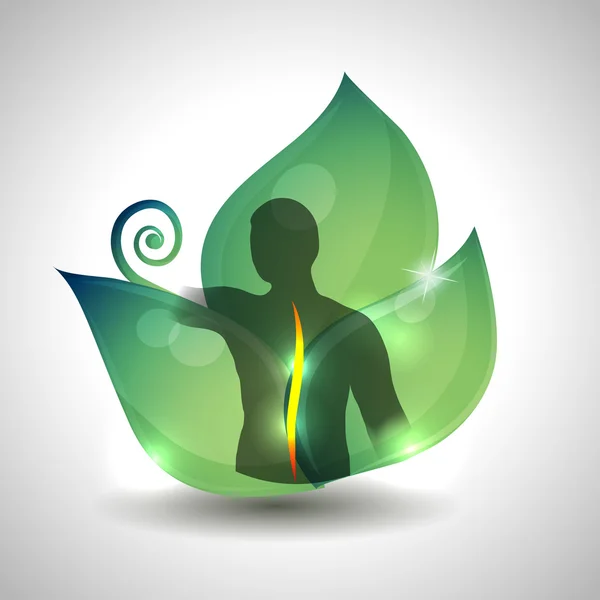 인간의 척추 건강 관리, 인간의 척추 실루엣 및 녹색 잎을 — 스톡 벡터
