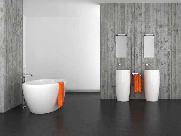 Beton duvar ve koyu zemin ile modern banyo 