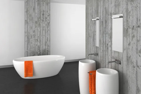 Beton duvar ve koyu zemin ile modern banyo 