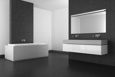 gri çini ve karanlık yere modern banyo