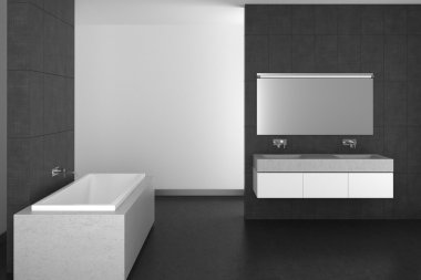 gri çini ve karanlık yere modern banyo