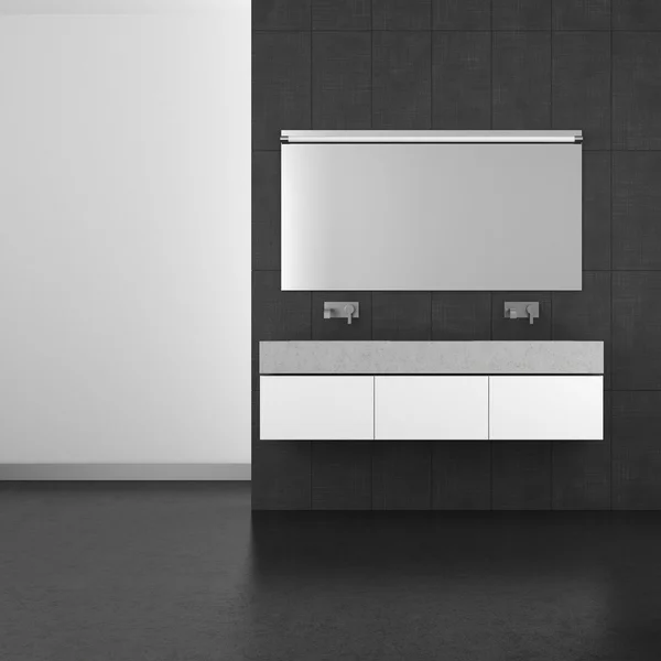 Modernes Badezimmer mit grauen Fliesen und dunklem Boden — Stockfoto
