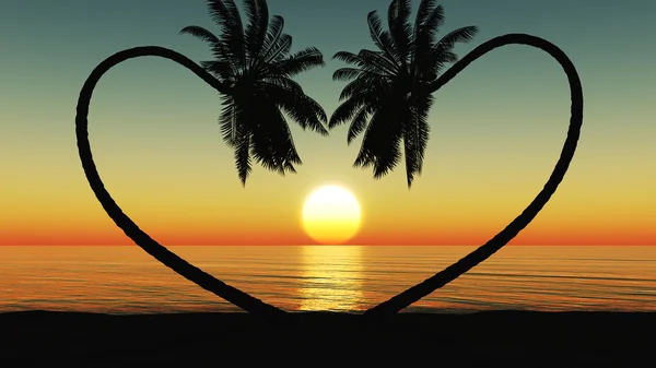 Sunset at the tropical beach with coconut palm trees silhouette.