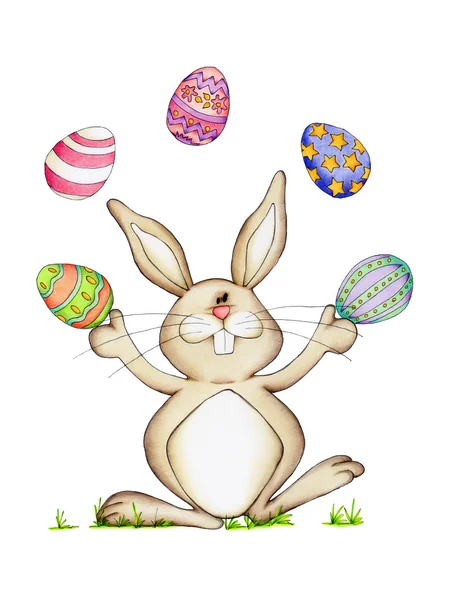 Coniglietto pasquale con uova colorate isolate su sfondo bianco — Foto Stock