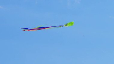 Yeşil uçurtma uçuyor ve açık mavi gökyüzünde süzülüyor. Renkli kurdeleler rüzgarda dalgalanıyor güneşli bir bahar günü, aile aktiviteleri, açık hava eğlenceleri...