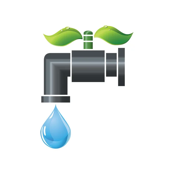 Su dokunun veya damlacık ve yeşil yaprakları ile musluk — Stok Vektör